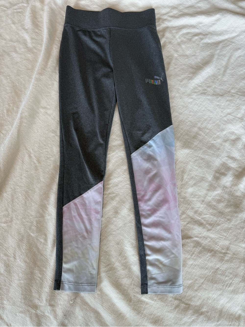 Puma Girls Gray Pastel Colorblock Leggings Size M 8/10 Holographic Logo
